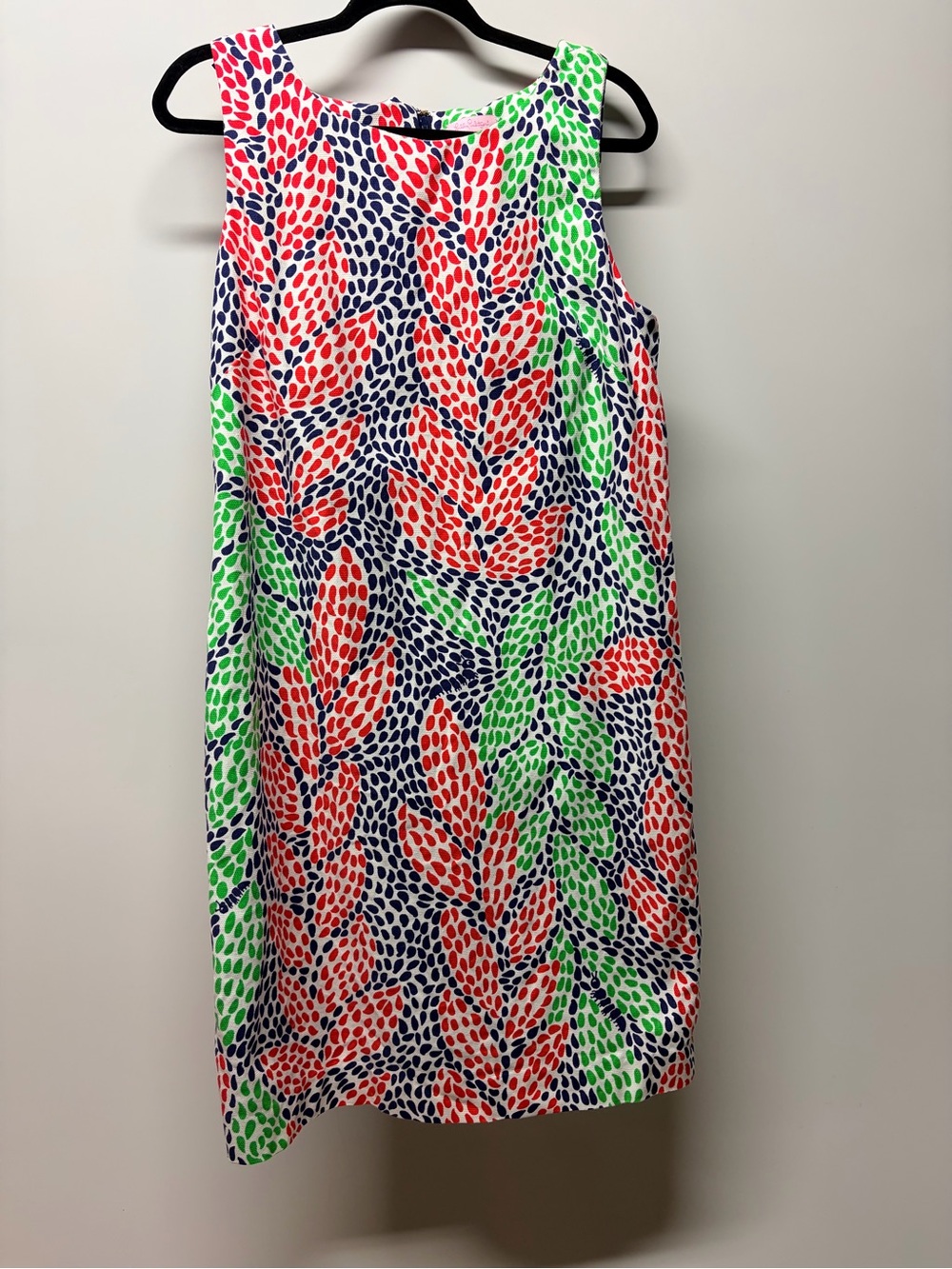 Lilly Pulitzer Blue Red Green Leaf Print Sleeveless Shift Dress